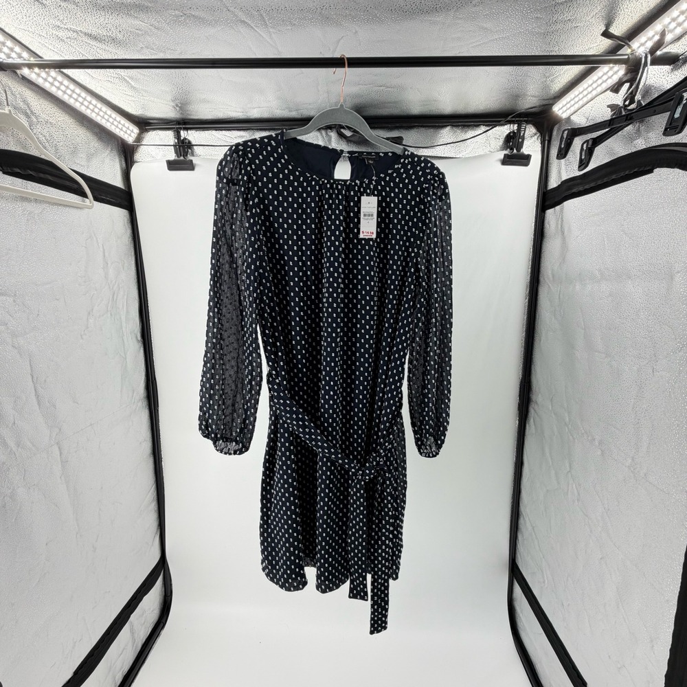 Ann Taylor Navy Blue White Clip Dot Long Sleeve Belted Mini Dress‎ Size 4 NWT
